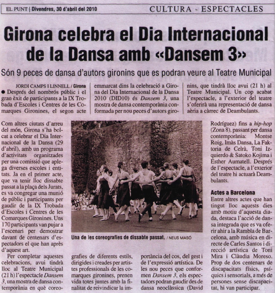 Read more about the article Girona celebra el Dia Internacional de la Dansa amb “Dansem 3” (EL PUNT)